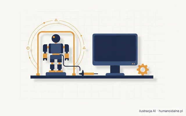 Płaska ilustracja stanowiska badawczego: mały, uproszczony robot humanoidalny stoi na stanowisku testowym w ramie zabezpieczającej, połączony kablem z pustym monitorem, obok suwmiarka i koło zębate, wokół robota cienkie bursztynowe łuki pomiarowe (ilustracja AI).