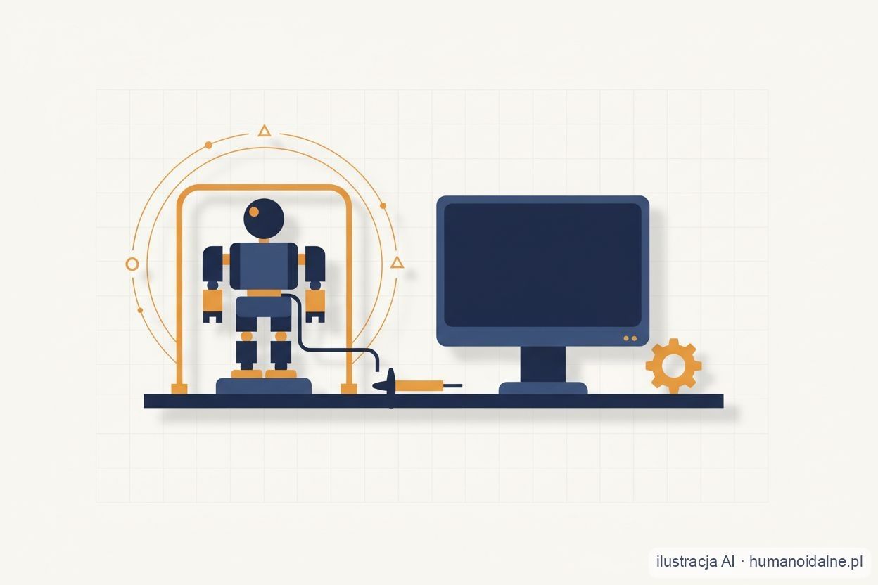 Płaska ilustracja stanowiska badawczego: mały, uproszczony robot humanoidalny stoi na stanowisku testowym w ramie zabezpieczającej, połączony kablem z pustym monitorem, obok suwmiarka i koło zębate, wokół robota cienkie bursztynowe łuki pomiarowe (ilustracja AI).