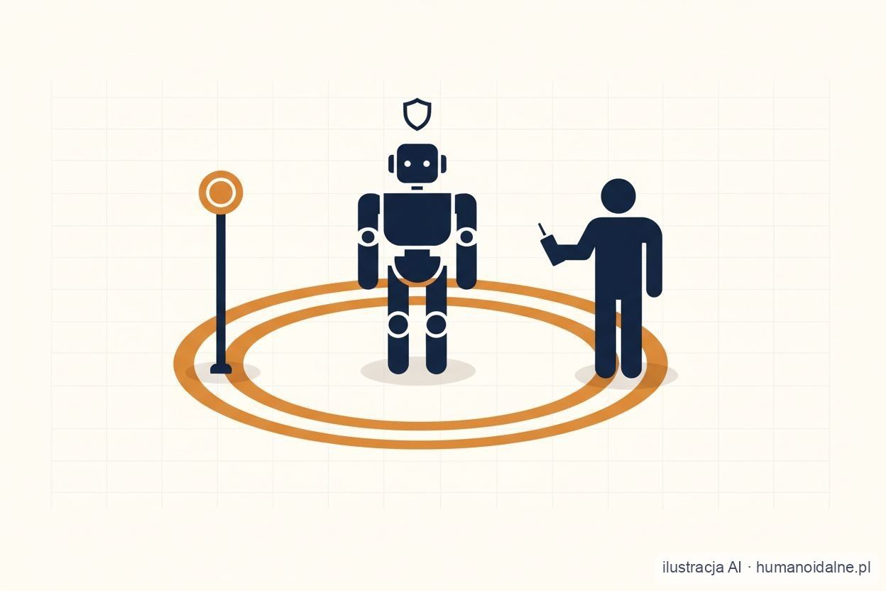 Płaska ilustracja: uproszczony robot humanoidalny stoi wewnątrz pomarańczowej strefy buforowej z dwóch koncentrycznych okręgów, obok słupek z przyciskiem awaryjnego zatrzymania, a poza strefą sylwetka operatora z pilotem; nad robotem mała tarcza jako symbol bezpieczeństwa (ilustracja AI).
