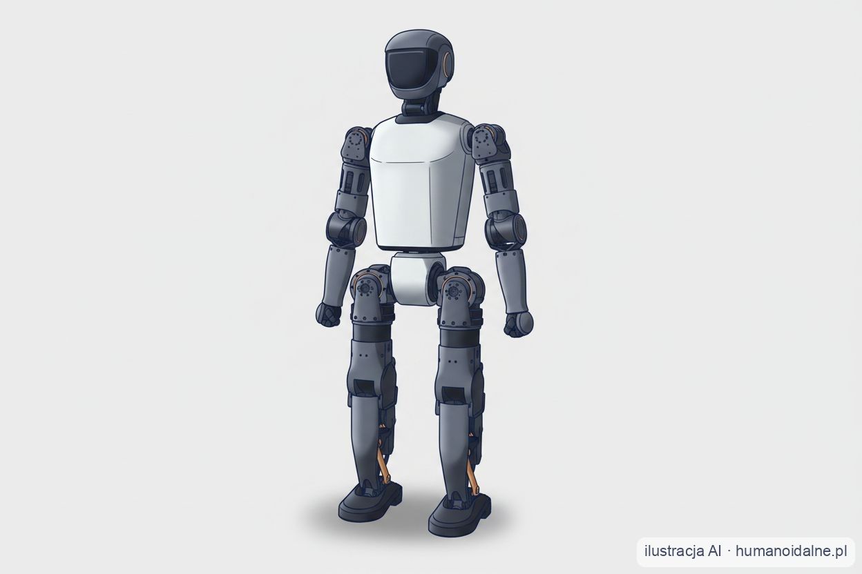 Ilustracja robota humanoidalnego Booster T1 — humanoid z białym korpusem i ekranem w miejscu twarzy (grafika AI)