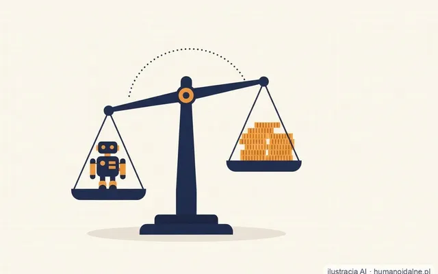 Waga szalkowa w stylu płaskiej grafiki: na lewej, niżej opuszczonej szalce stoi uproszczony, geometryczny robot humanoidalny, a na prawej leży stos monet — metafora rachunku opłacalności robota (ilustracja AI).