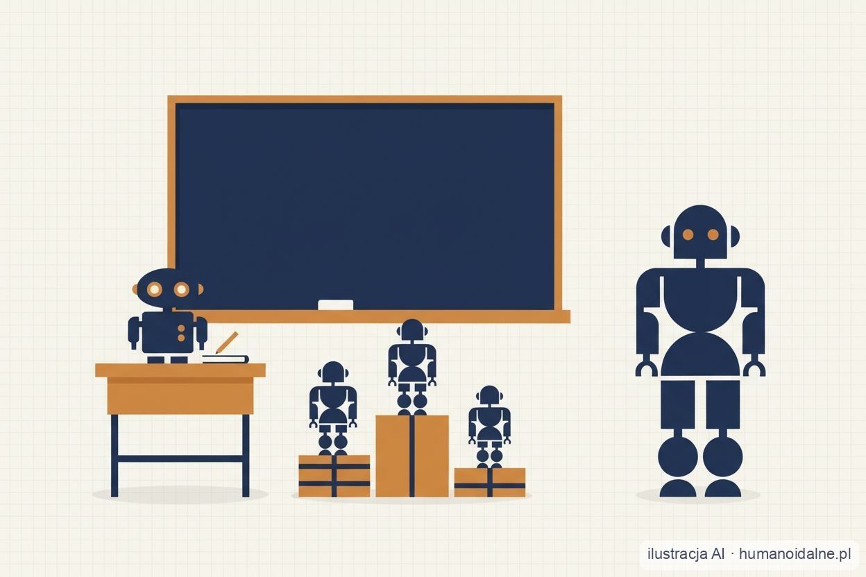 Płaska ilustracja klasy szkolnej: mały robot biurkowy na ławce, pusta granatowa tablica, trzy niewielkie roboty na podestach różnej wysokości i duży humanoid stojący z prawej strony (ilustracja AI).