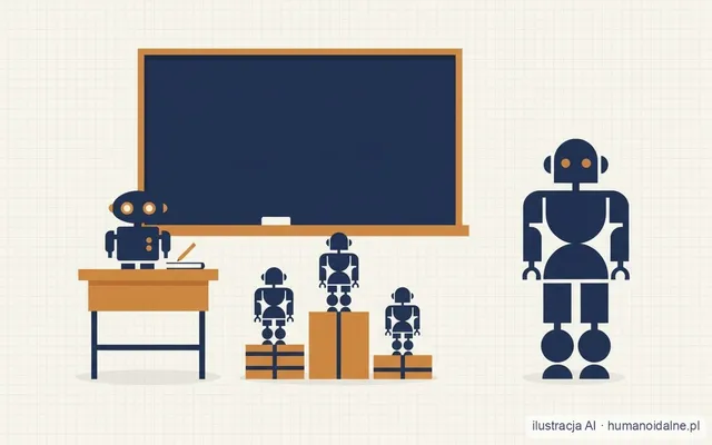 Płaska ilustracja klasy szkolnej: mały robot biurkowy na ławce, pusta granatowa tablica, trzy niewielkie roboty na podestach różnej wysokości i duży humanoid stojący z prawej strony (ilustracja AI).