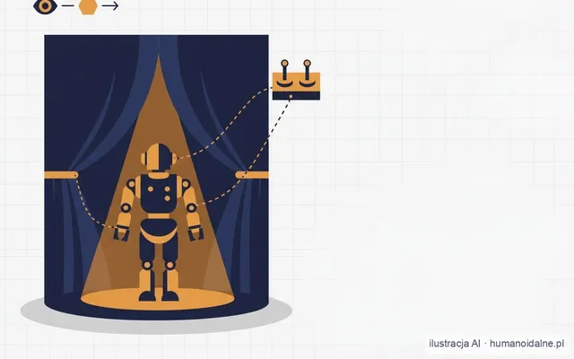 Stylizowany, geometryczny robot humanoidalny stoi w świetle reflektora na scenie z granatową kurtyną, a przerywane linie łączą go z ukrytym za kulisami pulpitem teleoperacji z dwoma joystickami; w lewym górnym rogu abstrakcyjne ikony oka, sześciokąta i strzałki symbolizują tor widzenie–model–działanie (ilustracja AI).