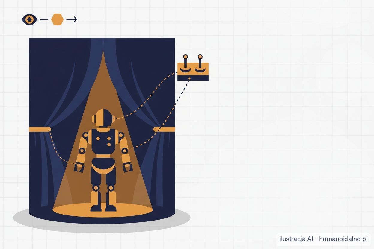 Stylizowany, geometryczny robot humanoidalny stoi w świetle reflektora na scenie z granatową kurtyną, a przerywane linie łączą go z ukrytym za kulisami pulpitem teleoperacji z dwoma joystickami; w lewym górnym rogu abstrakcyjne ikony oka, sześciokąta i strzałki symbolizują tor widzenie–model–działanie (ilustracja AI).