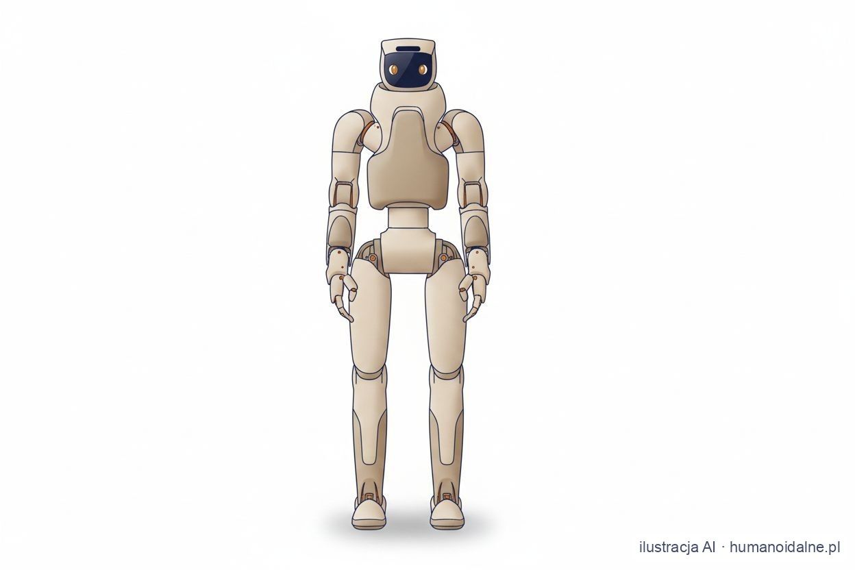 Ilustracja robota humanoidalnego Fourier GR-3 — beżowy humanoid opiekuńczy o zaokrąglonych kształtach (grafika AI)