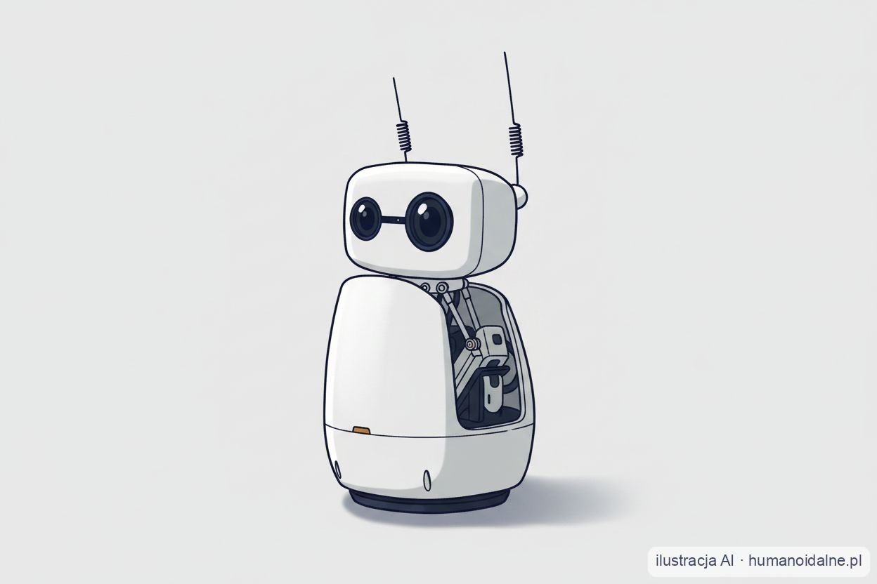 Ilustracja robota biurkowego Reachy Mini — biały korpus, dwie okrągłe kamery-oczy i antenki (grafika AI)