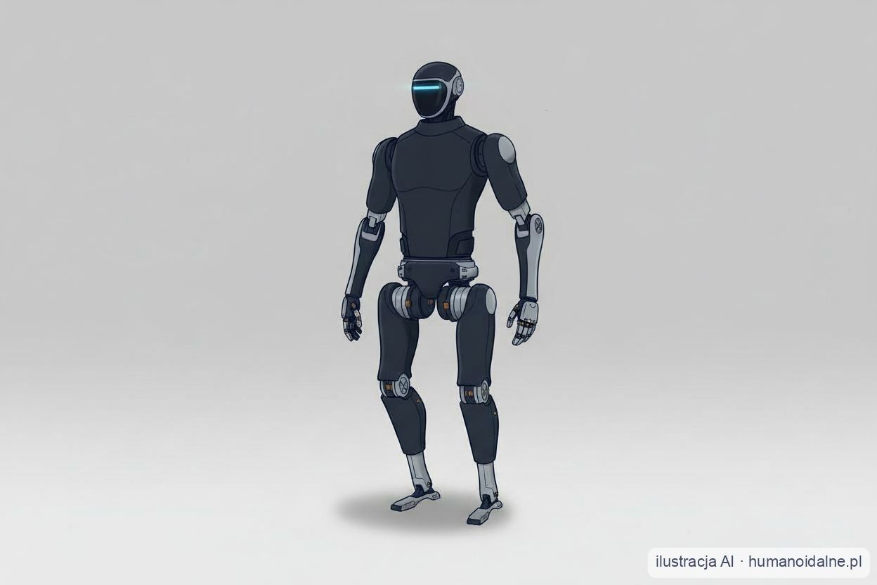 Ilustracja robota humanoidalnego Unitree H1 — czarny pełnowymiarowy humanoid z podświetlanym wizjerem (grafika AI)
