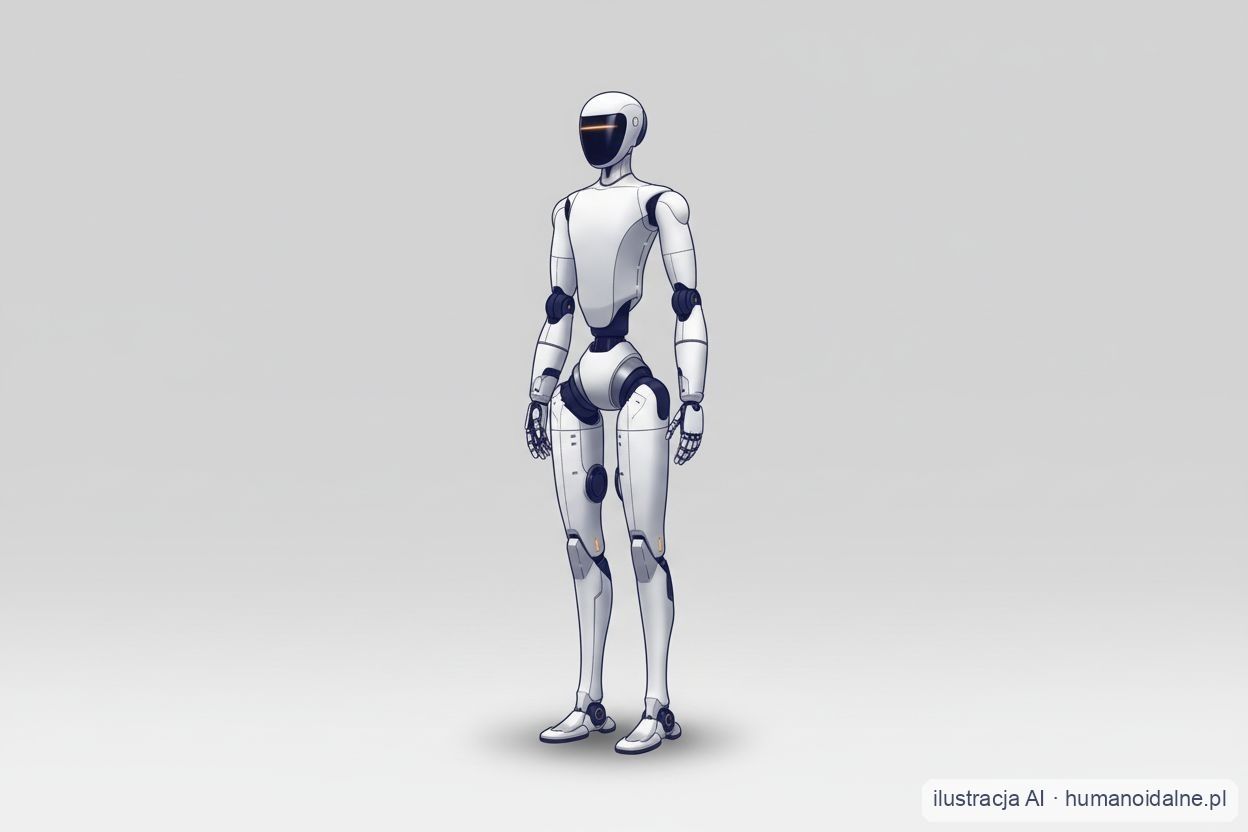 Ilustracja robota humanoidalnego Unitree H2 — smukły biały humanoid pełnowymiarowy (grafika AI)