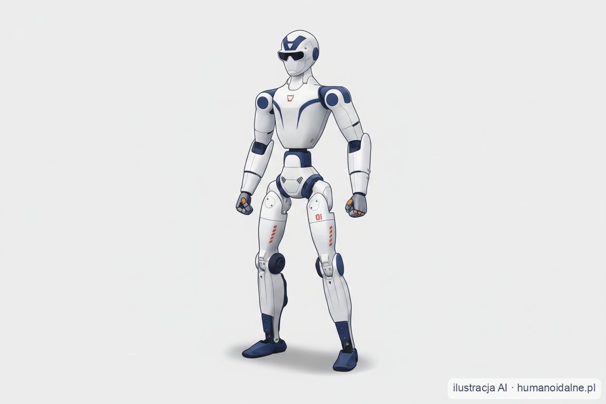 Ilustracja robota humanoidalnego Unitree R1 — lekki biało-granatowy humanoid kompaktowy (grafika AI)