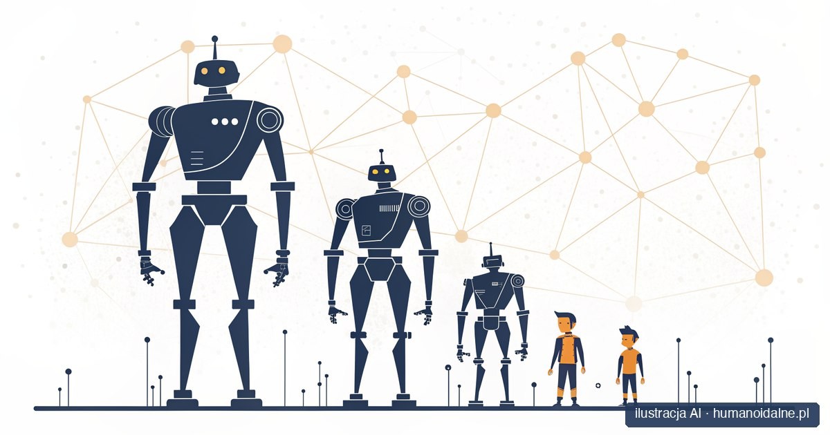 Geometryczna ilustracja robotów humanoidalnych różnej wielkości obok ludzi (grafika AI)